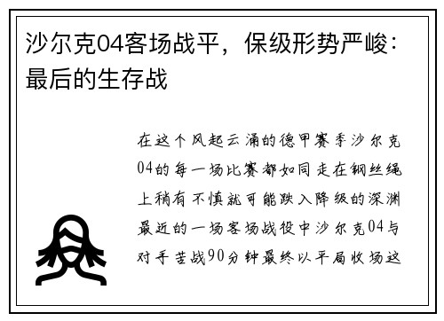 沙尔克04客场战平，保级形势严峻：最后的生存战