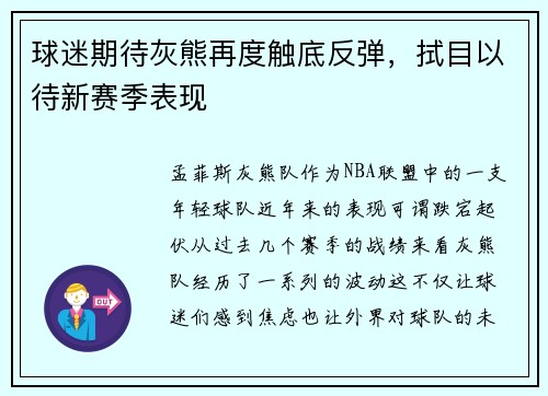 球迷期待灰熊再度触底反弹，拭目以待新赛季表现